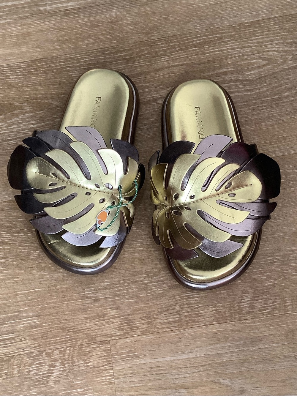 FARM Rio Gold & Bronze Tropical Leaf Slide Mules